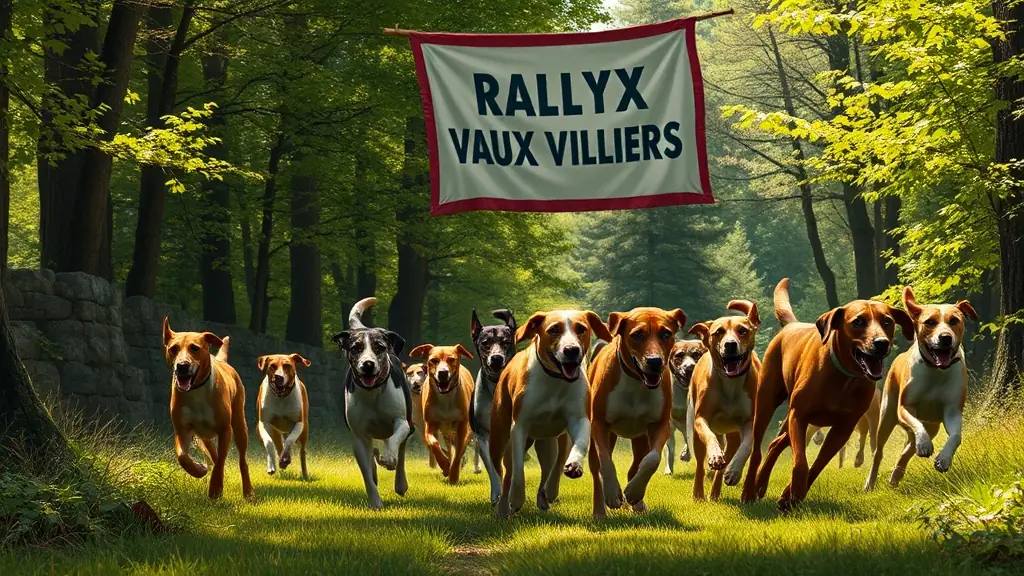 A pack of hounds running through a forest during a hunt, with the 'Rallye Vaux Villiers' banner visible in the background.