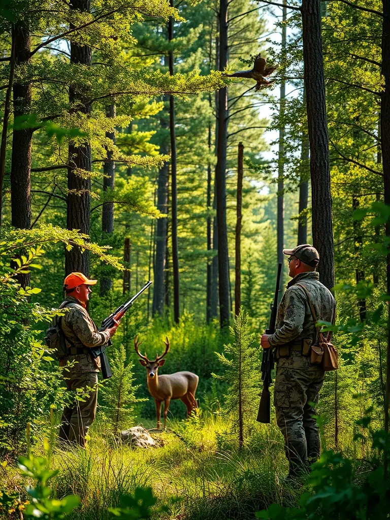 An image of experienced hunters guiding new members during a hunt, demonstrating safe hunting techniques and sharing their knowledge.