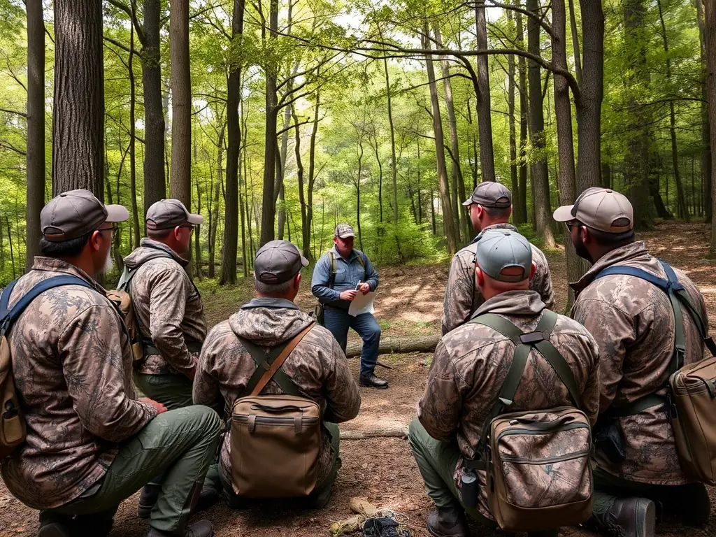 A group of ASSOCIATION DE CHASSE DU RALLYE VAUX-VILLERS members participating in a training session on responsible hunting practices, emphasizing safety and ethical conduct.